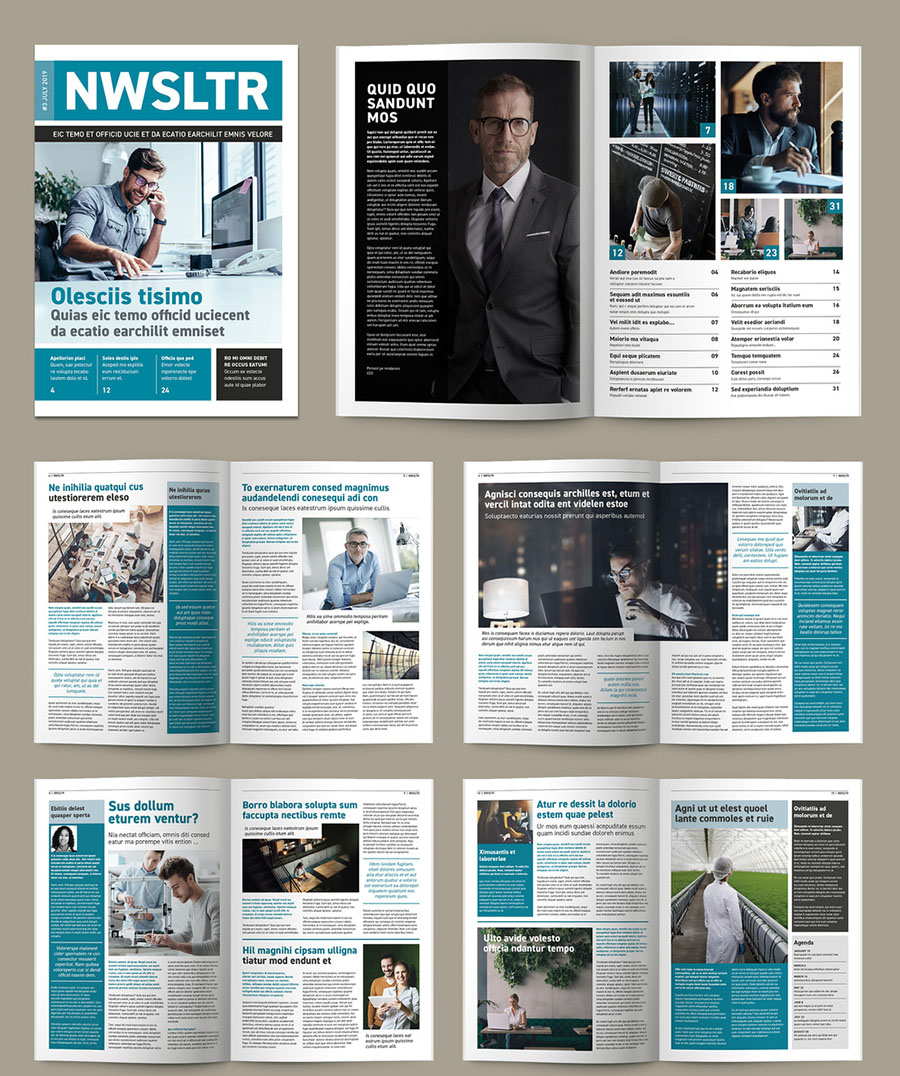 Teal and White Newsletter or magazine Layout