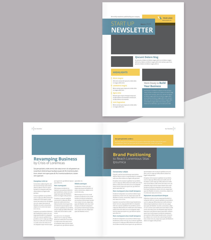 Newsletter Layout with Yellow and Blue Accents