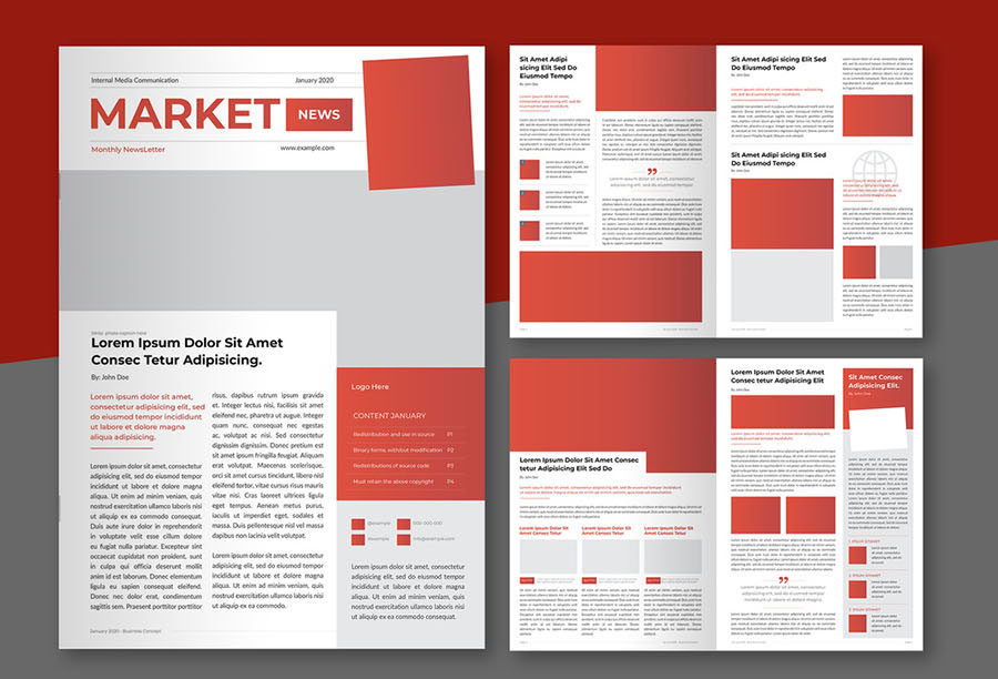 Business Newsletter Layout with Red and Dark Grey Accents