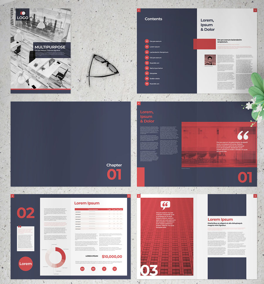 Presentation Brochure Layout with Navy and Red Elements