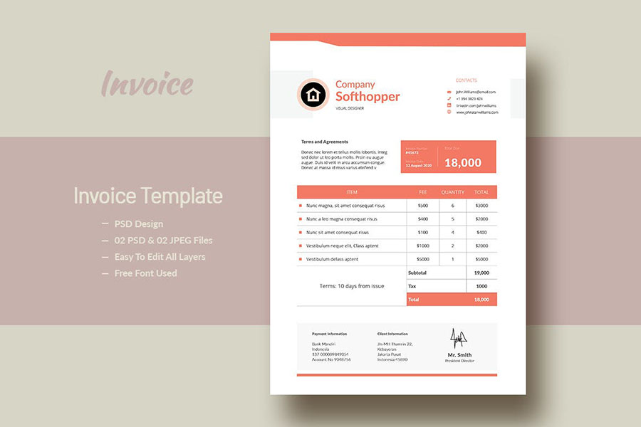 Company Invoice Templates with Peach Accents for Adobe InDesign