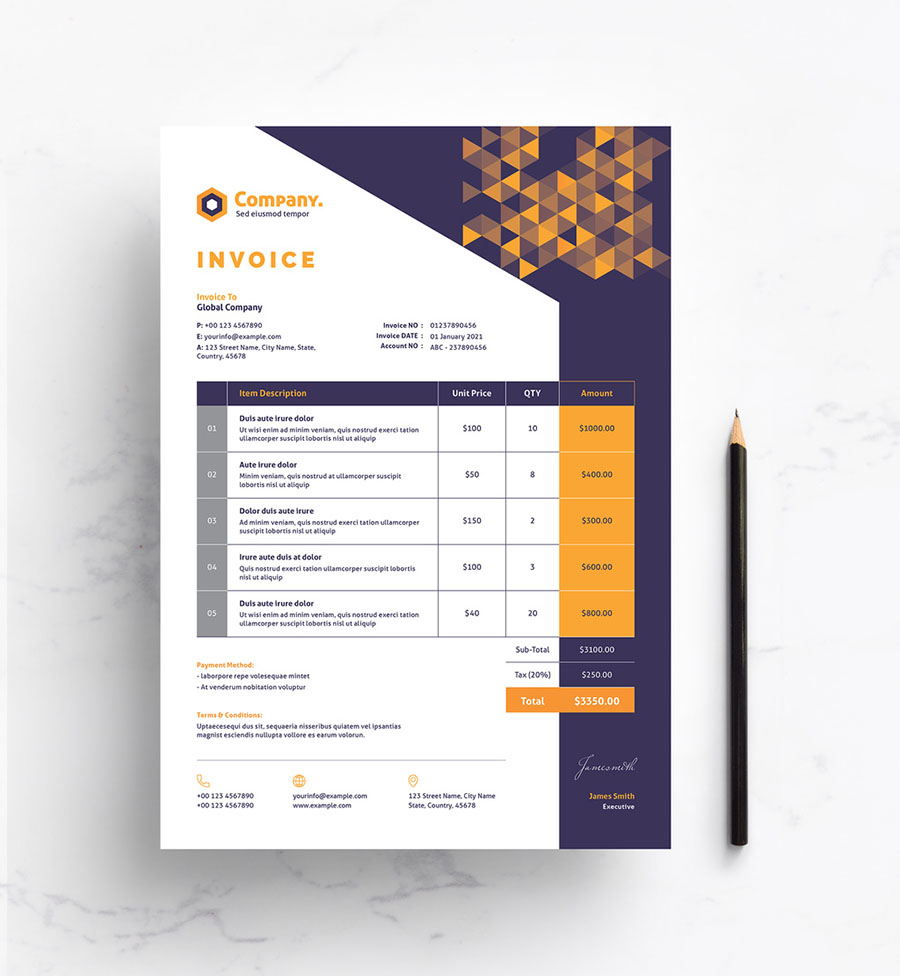 Invoice Layout with Yellow Gradient Triangle Elements