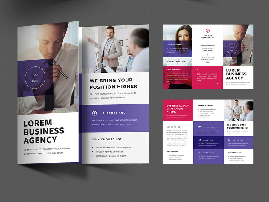 Business Trifold Brochure Layout with Red and Purple Overlays