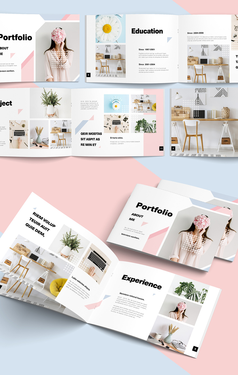 Landscape Portfolio Layout with Pink and Blue Pastel Elements