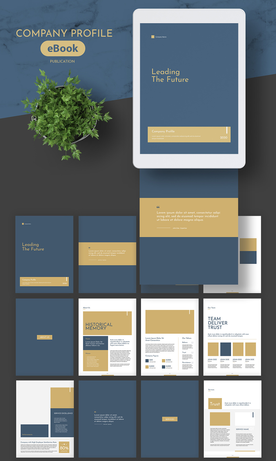 eBook Company Profile Layout with Gold and Dark Teal Accents