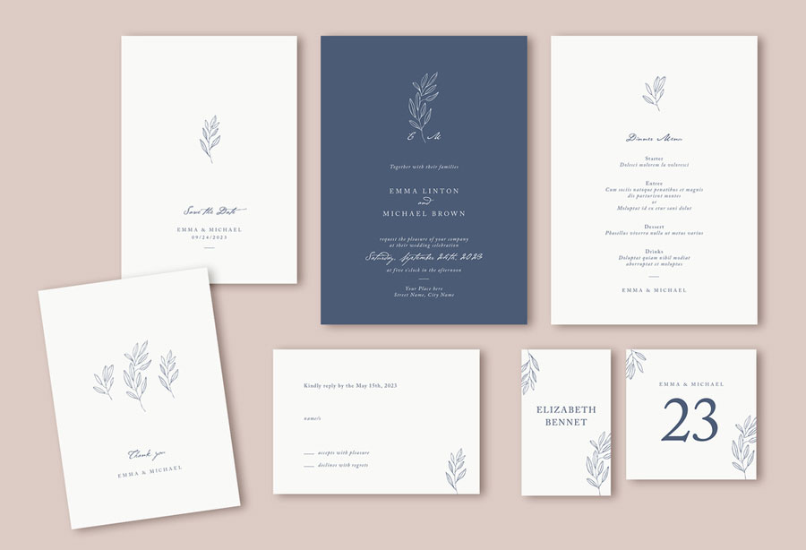 Minimalist Wedding Suite Layout with Leaf Illustrations