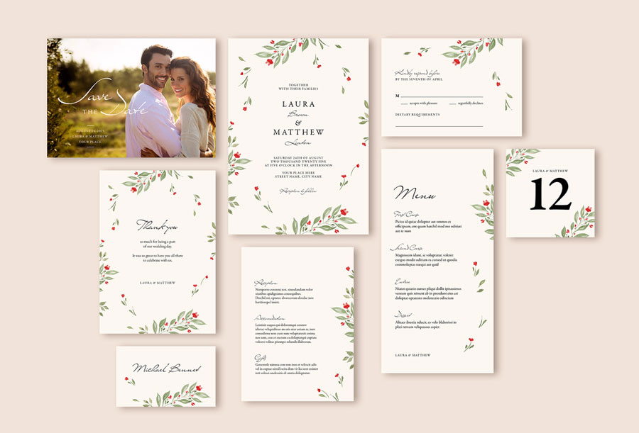 Watercolor Wedding Suite with Floral Elements