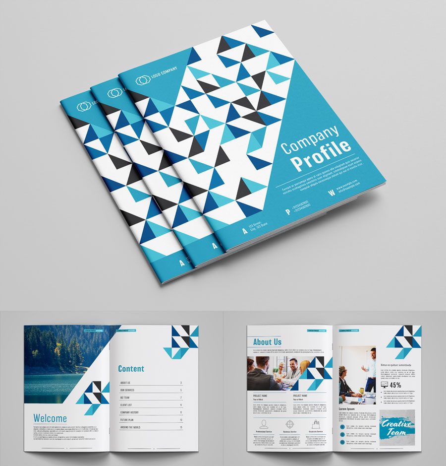 Company Profile Layout with Blue Accents