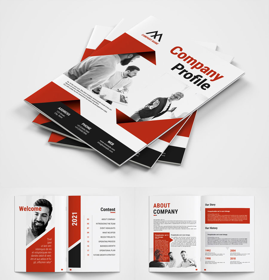 Company Profile Layout with Red Accents