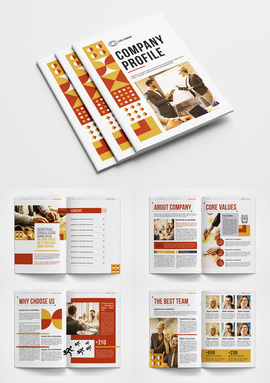 Company Profile Layout with Red and Yellow Accents