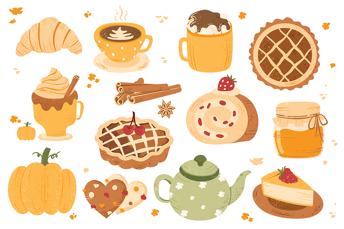 Autumn Fall Foods Pumpkin Spiced Latte Vector Clipart Illustrations