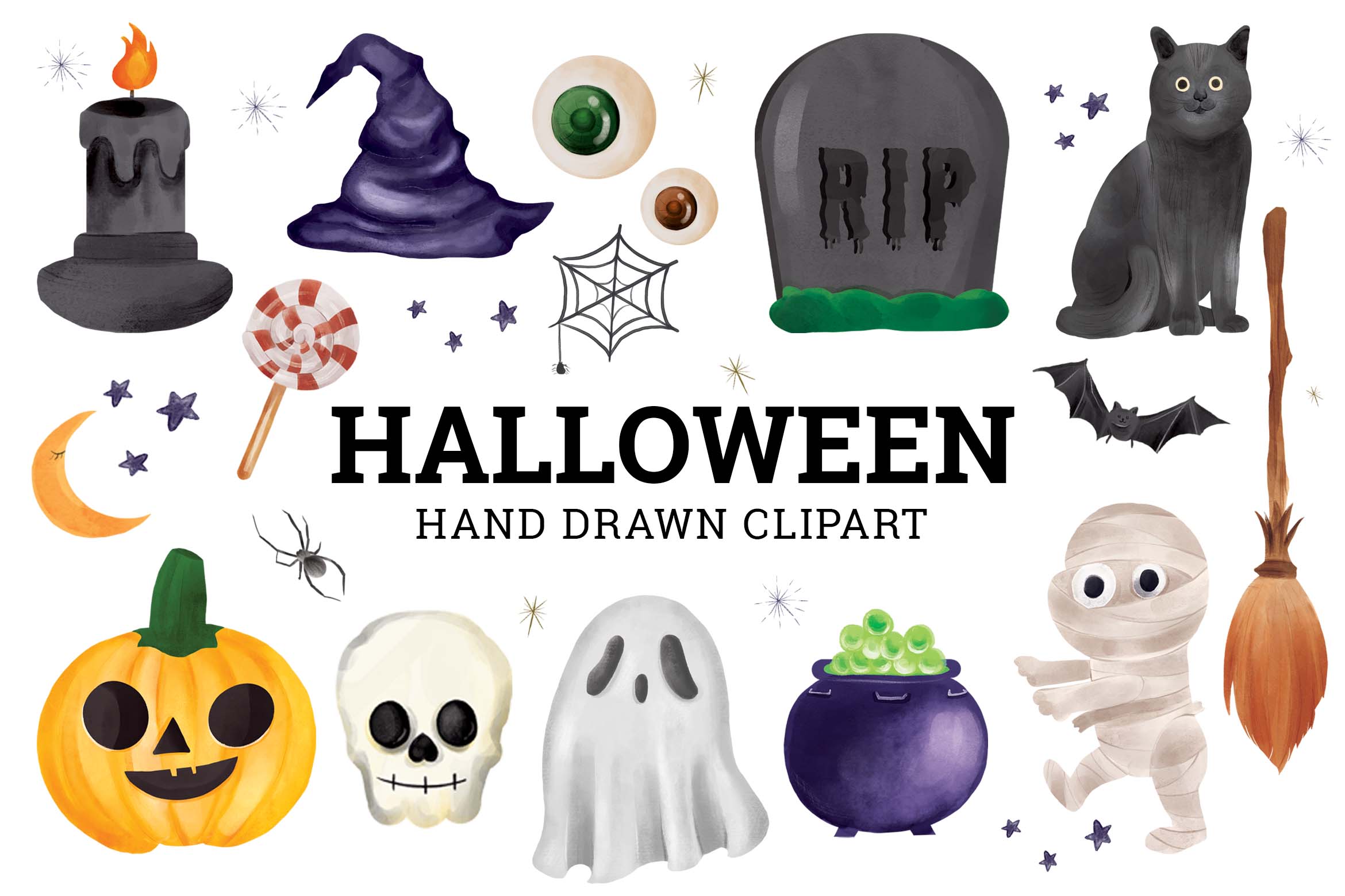 Halloween Hand Painted Clipart Illustrations