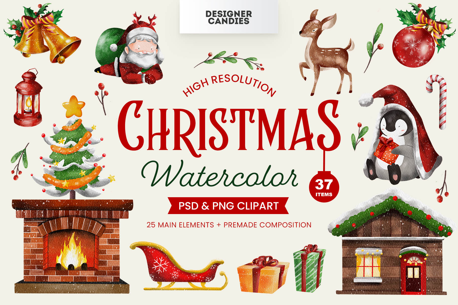 Christmas Watercolor Clipart Illustrations