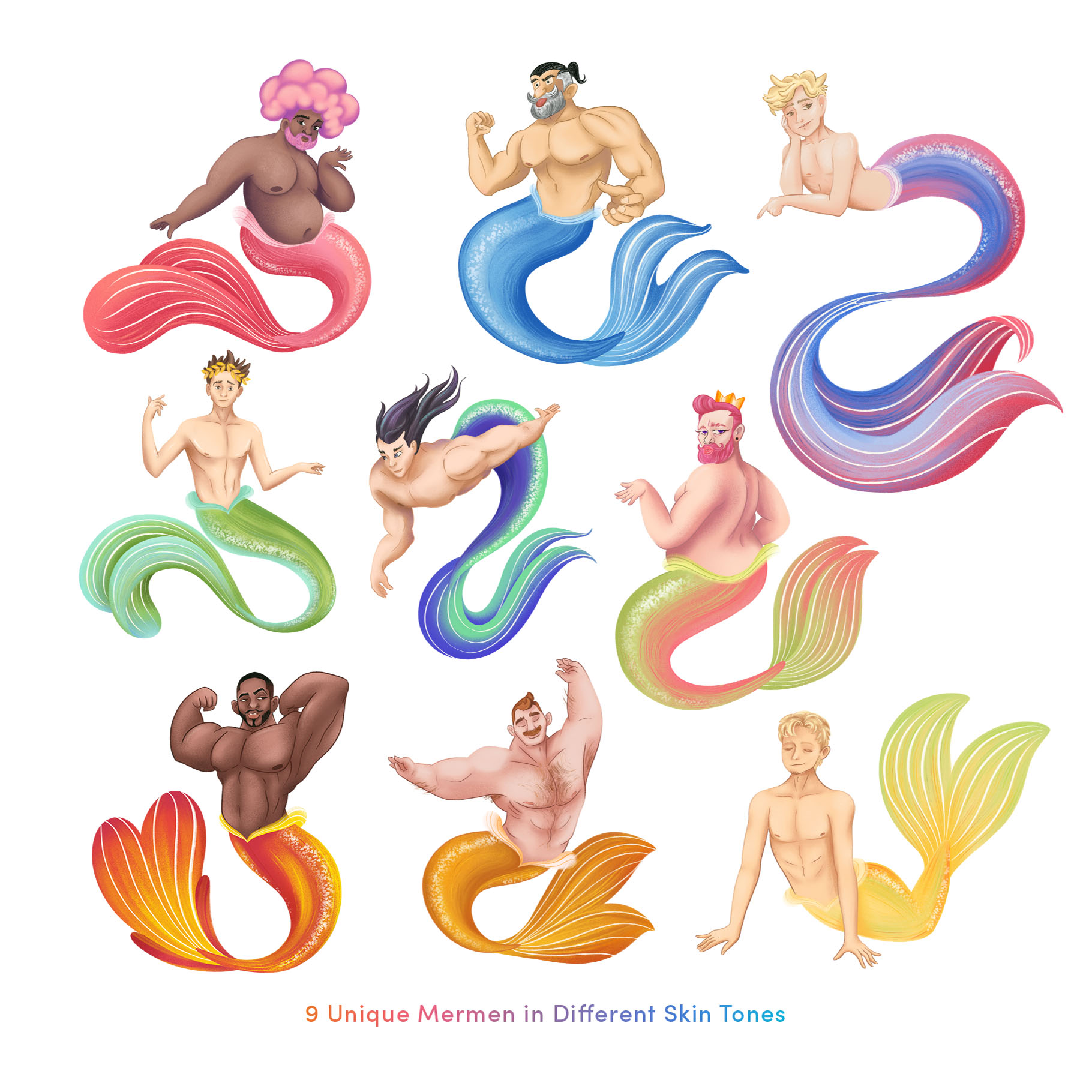 Mermen Clipart Illustration Pack (PSD, PNG Format)