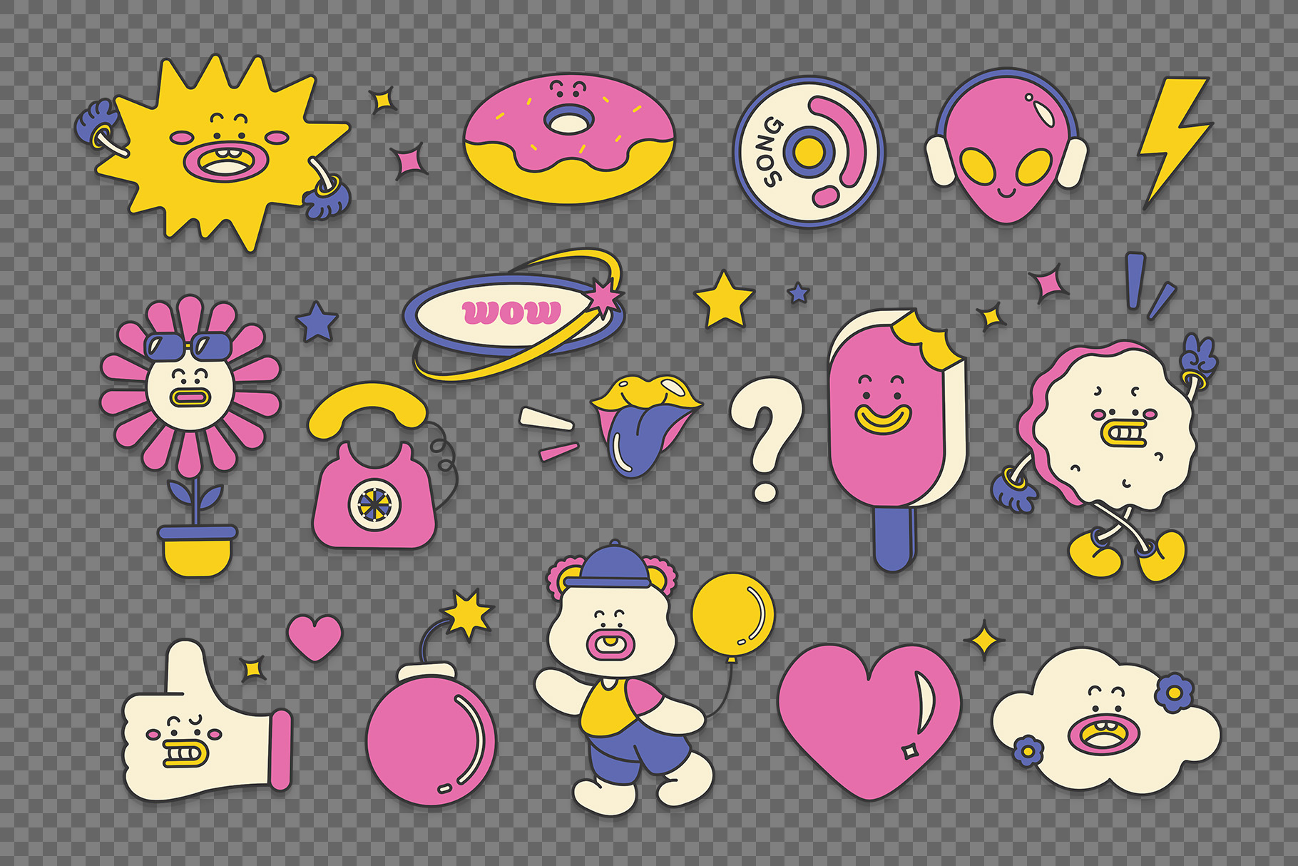 Cute Y2K Sticker Illustrations Set (AI, EPS Format)