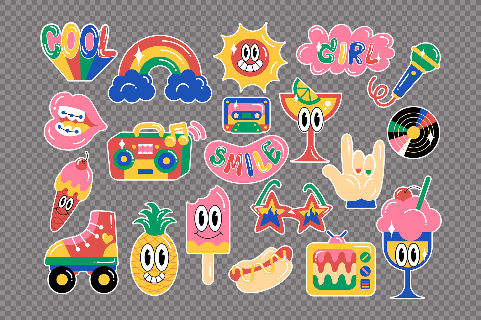 Retro Y2K Vector Illustrations Set (AI, EPS, PNG F ormat)