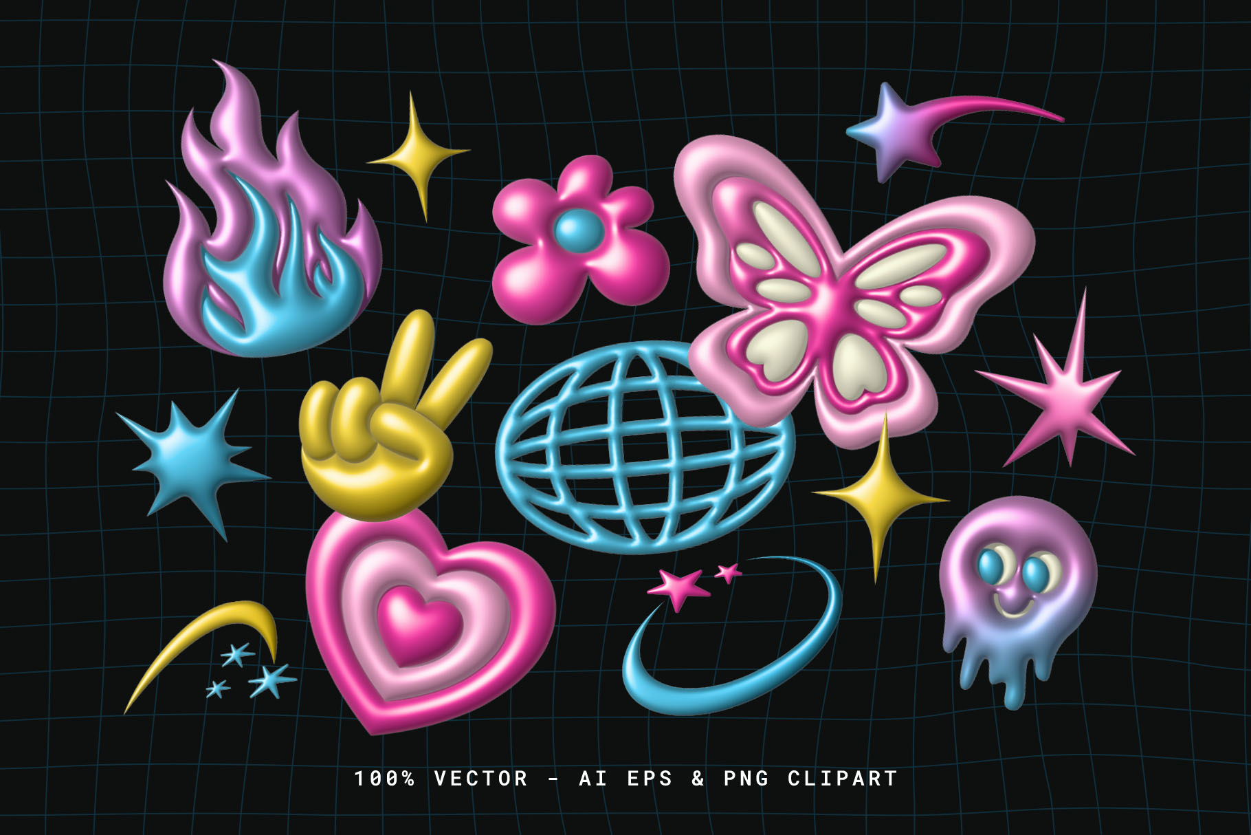 Y2K Elements Set (AI, PSD, PNG Format)