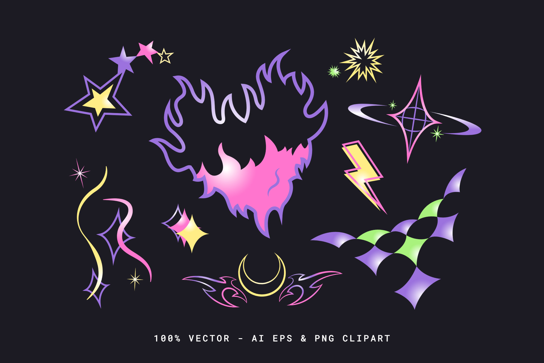Y2K Graphics Set (AI, EPS, PNG Format)
