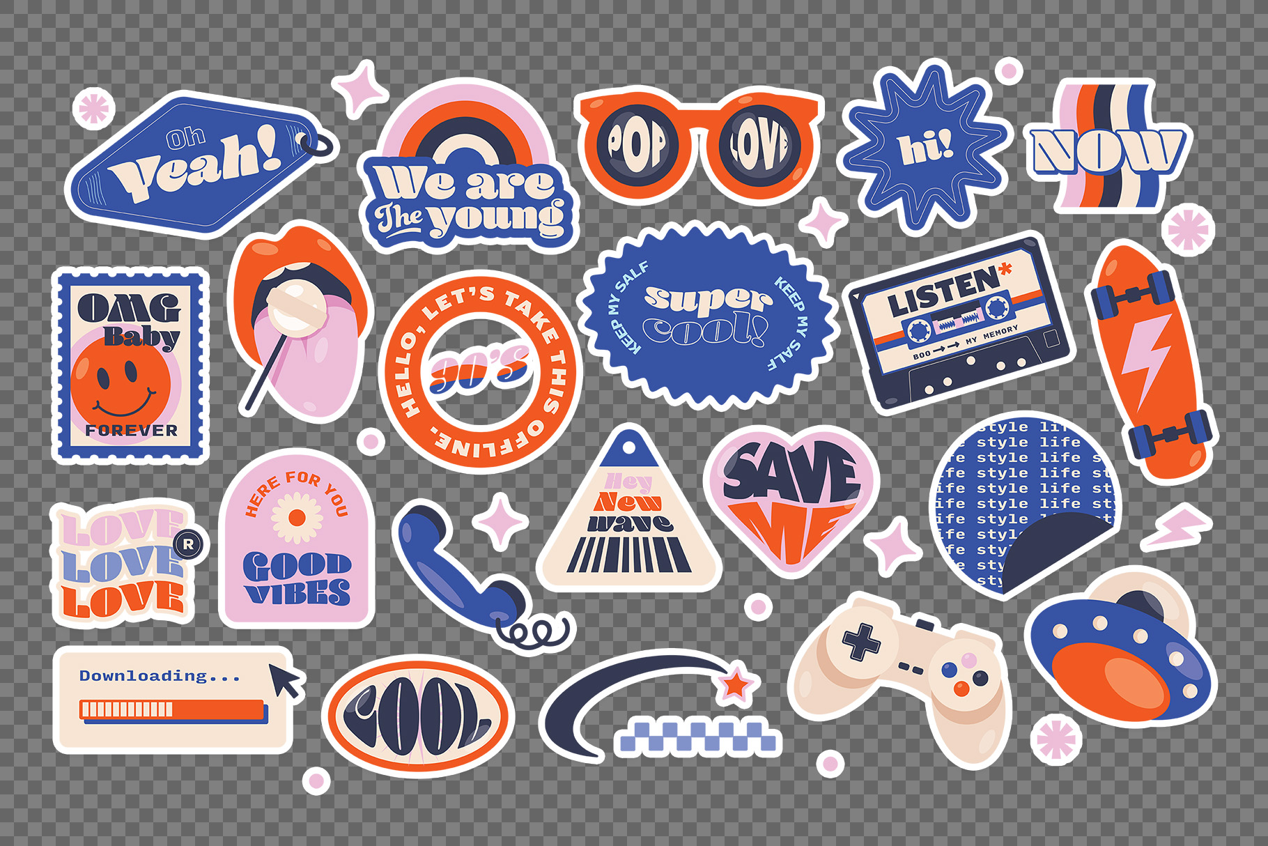Y2K Retro Illustrations Set (AI, EPS, PNG Format)