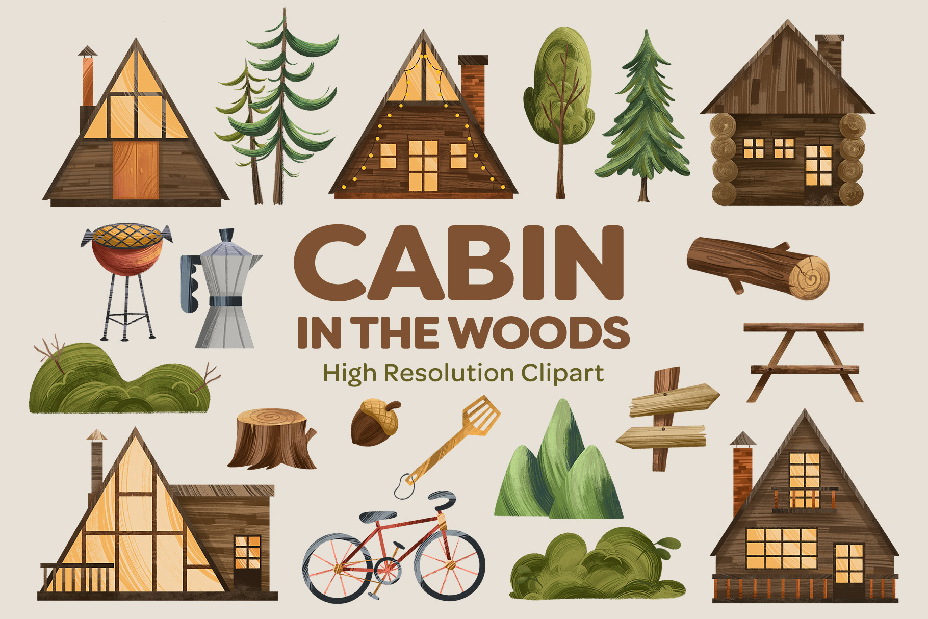 Cabin in the Woods Clipart Illustration Set
