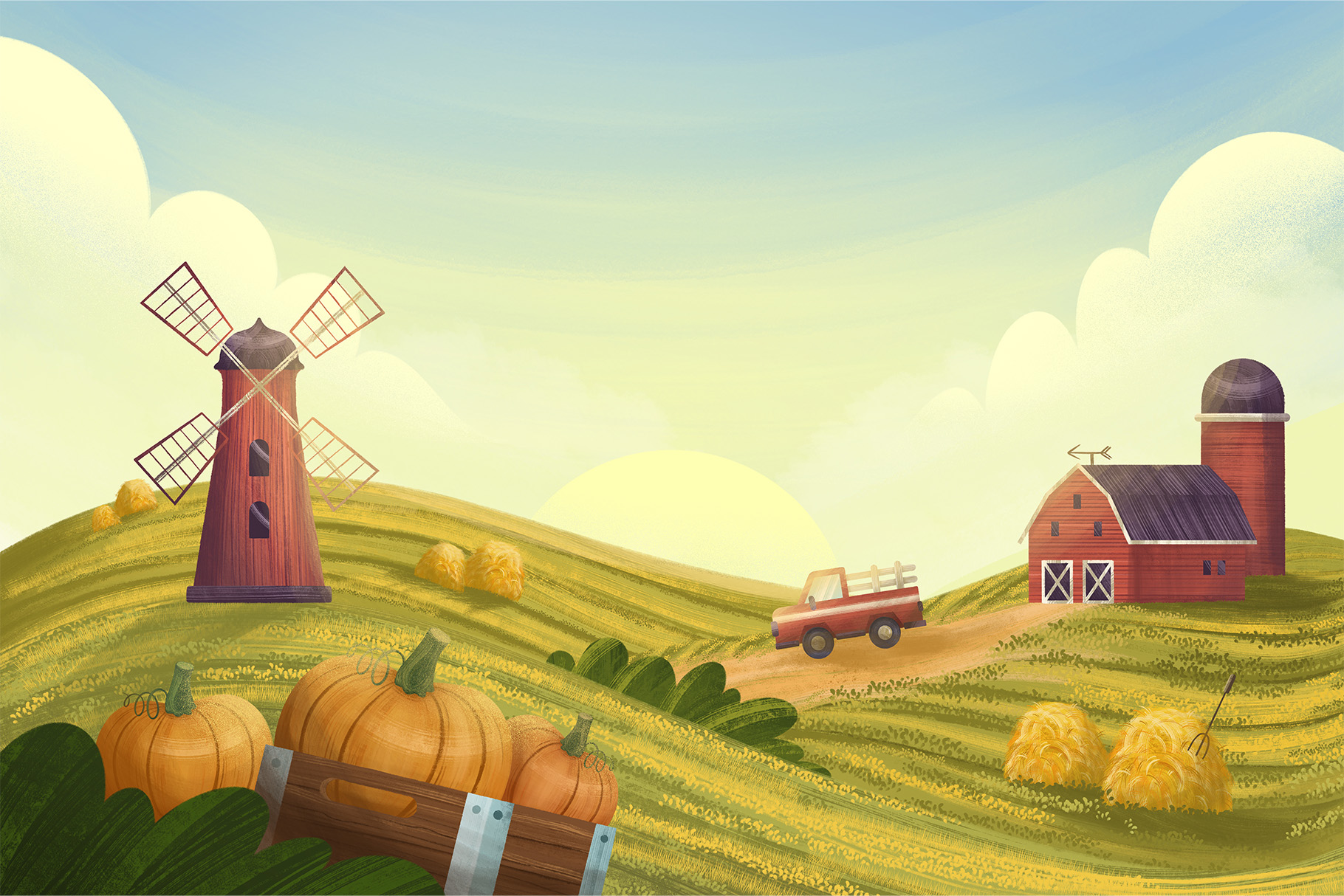 Harvest Landscape Illustrations Set (PSD Format)