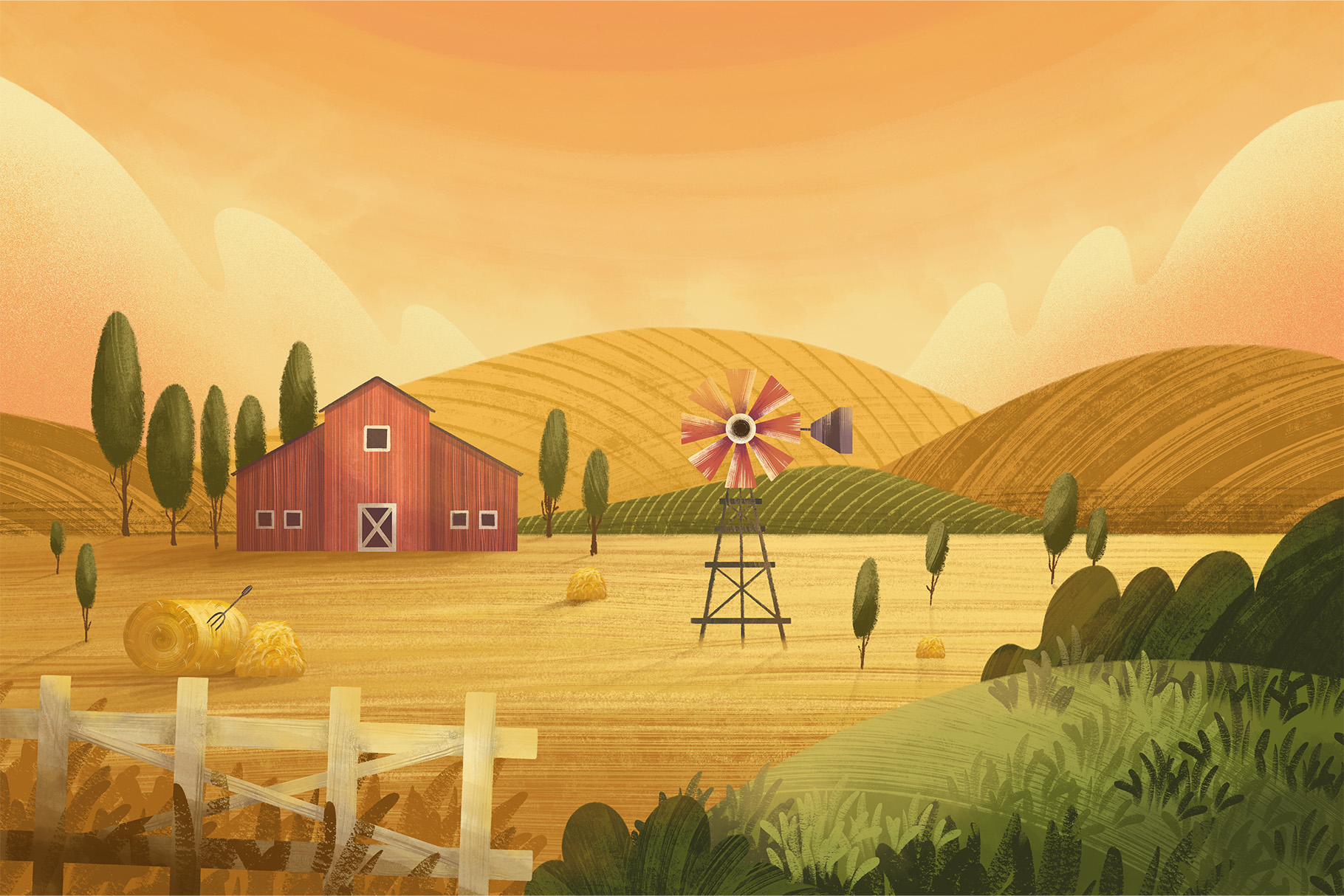 Harvest Landscape Illustrations Set (PSD Format)