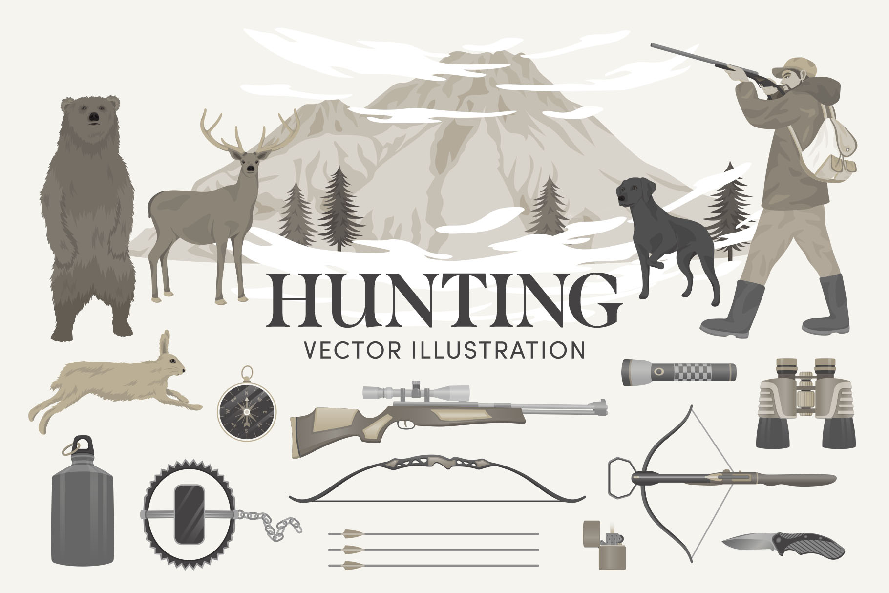 Hunting Illustrations Set (Vector & PNG Clipart)