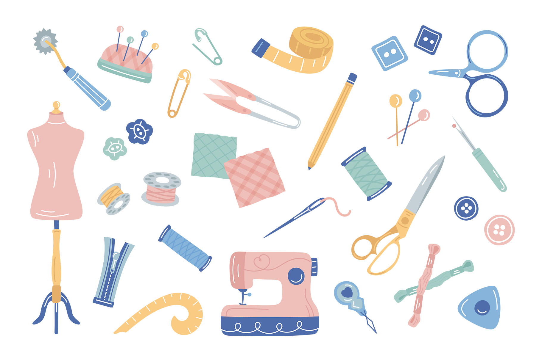Sewing Tools Vector Illustration Set (AI, EPS, PNG Format)