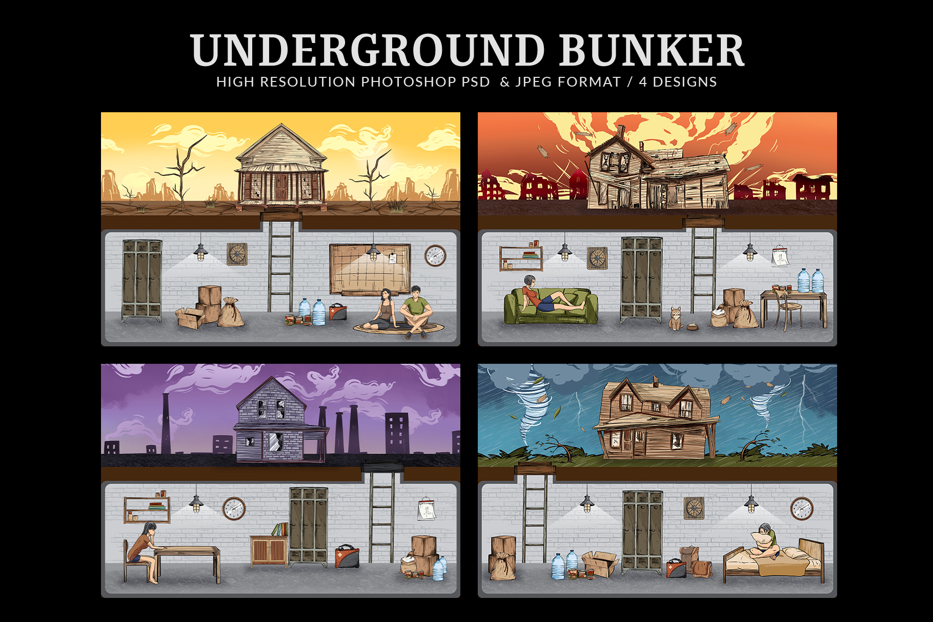 Underground Bunker Illustrations Set