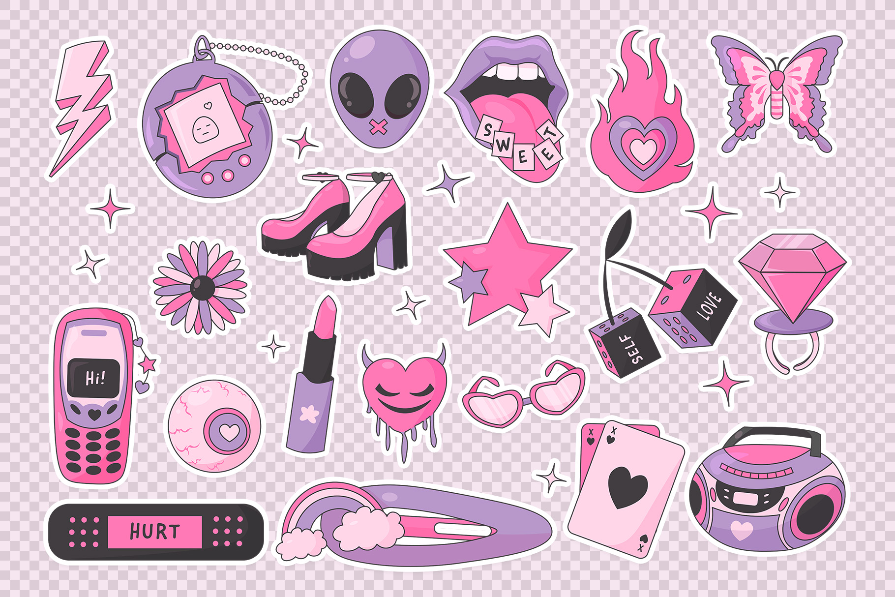 Y2K Stickers Illustration Set (AI, EPS, PNG Format)