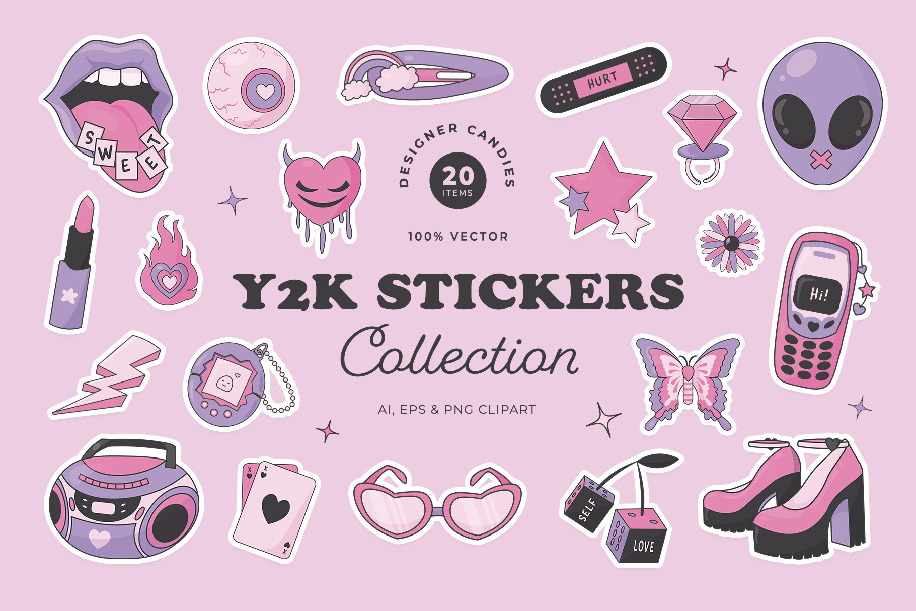 Pink Y2K Stickers Illustration Set