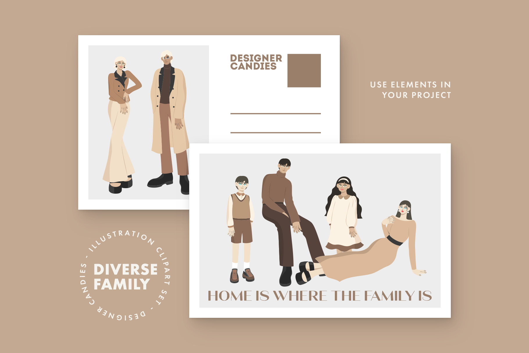 Diverse Family Illustrations Set (AI, EPS, PNG Format)