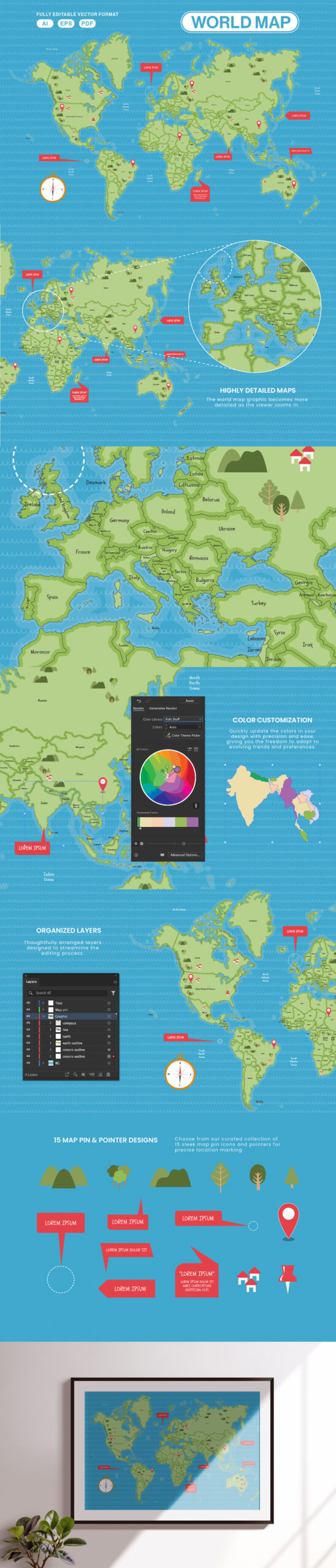 Cute World Map Vector Illustration in AI EPS