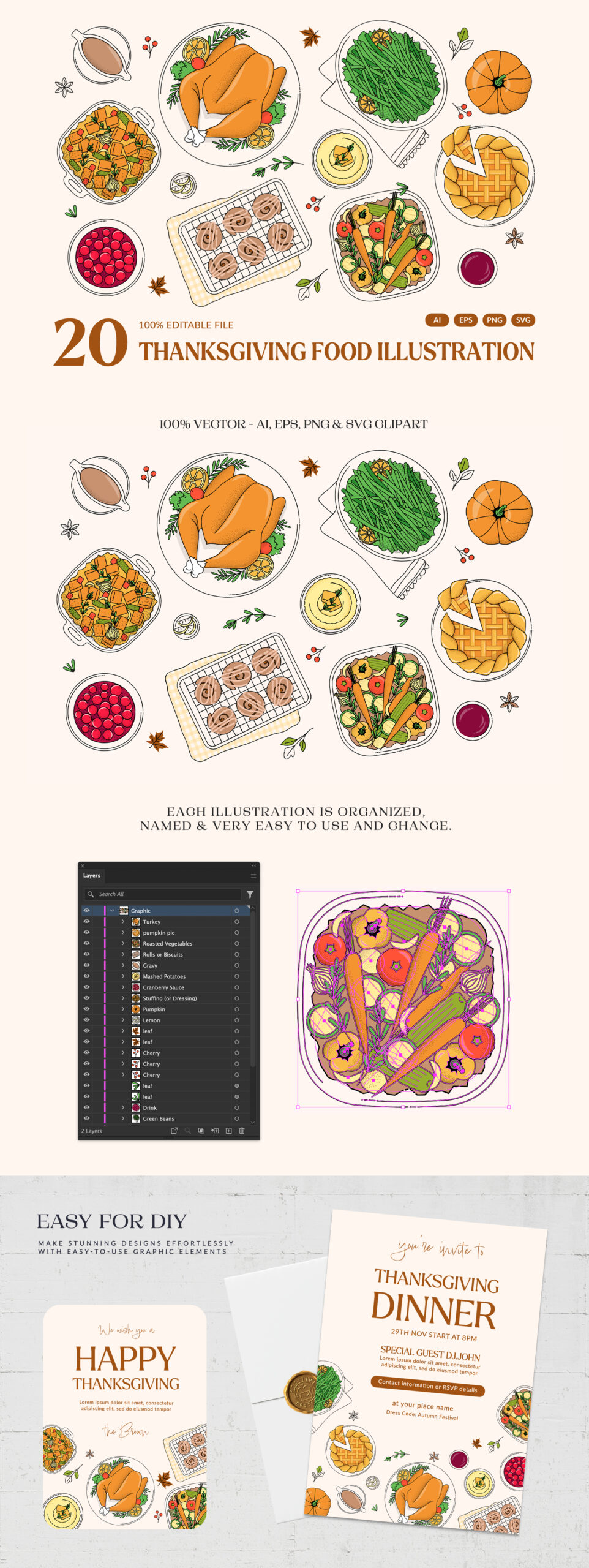 Thanksgiving Food Illustration Set in PNG, Ai, EPS, SVG