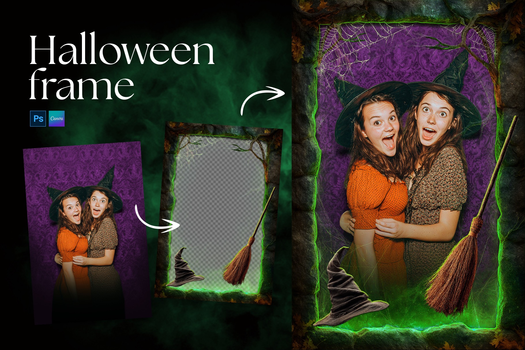 Halloween Photo Frame Flyer Template in Canva, Clipart PNG & Photoshop PSD