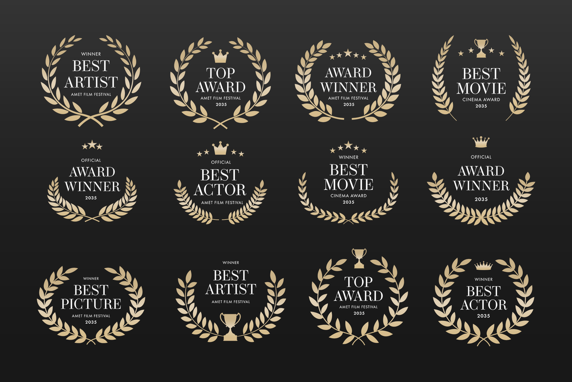 Award Crest & Laurel Wreath Vector Illustration Set