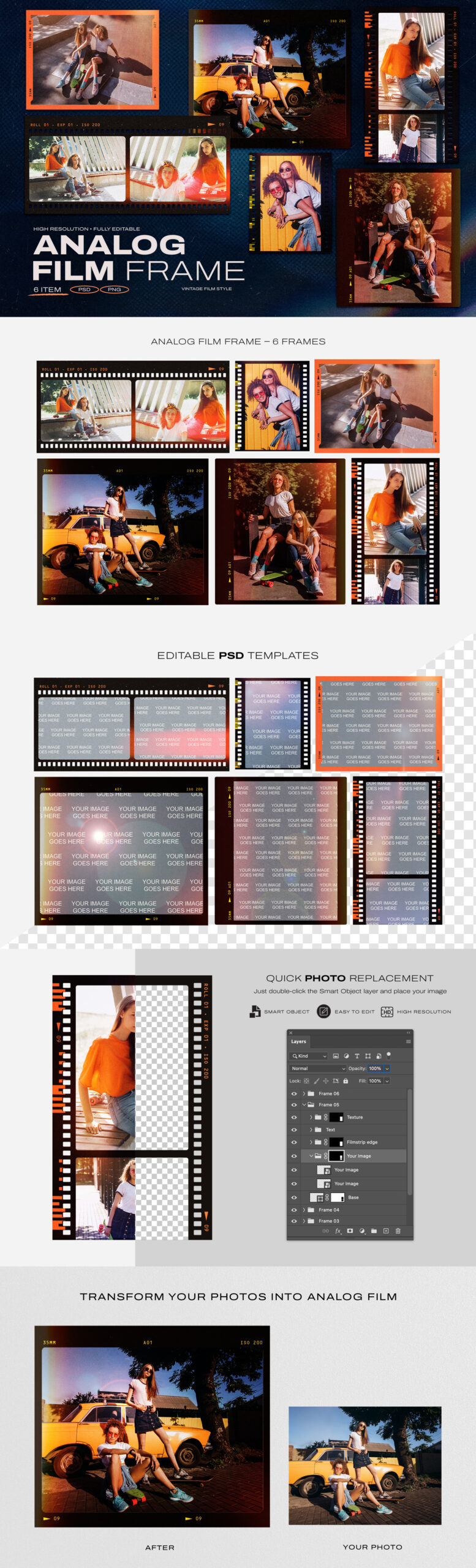 Analog Film Frame Template Set in Canva, PNG and PSD