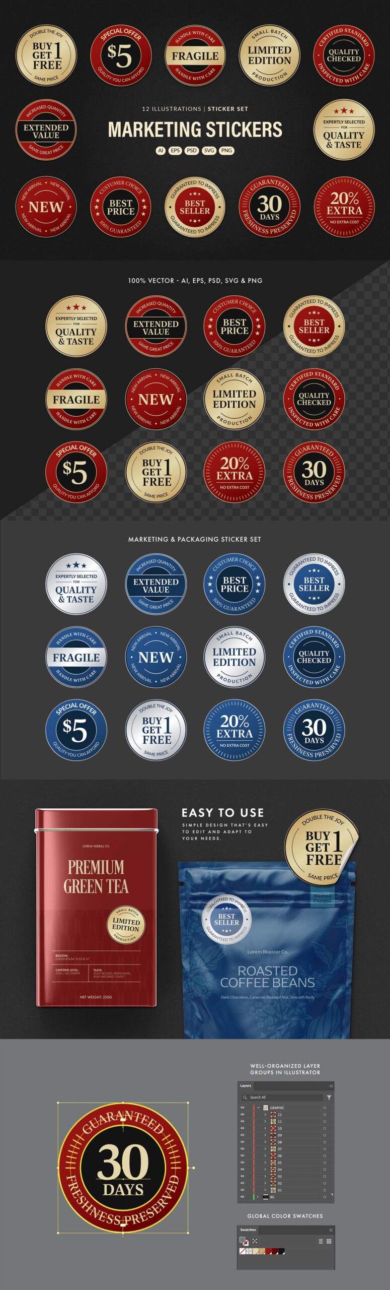 Vintage Marketing Sticker Badge Set in PNG, AI, PSD, EPS and SVG