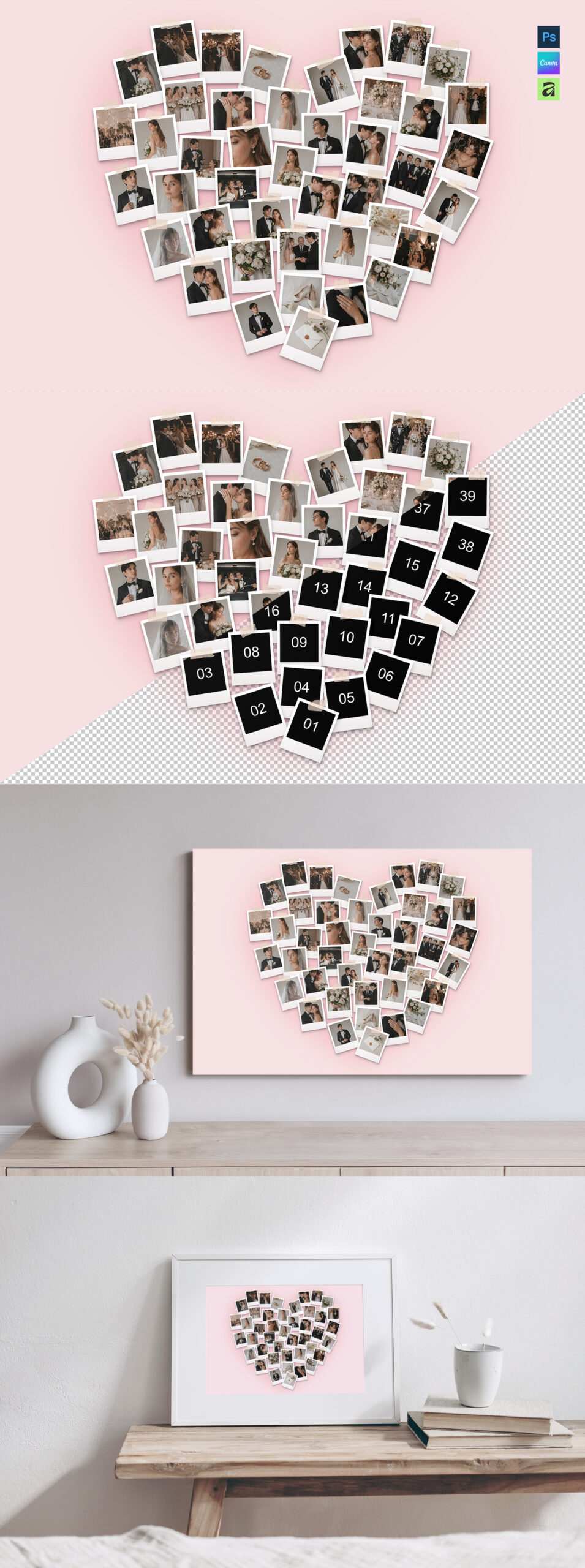 Heart Polaroid Photo Collage Template in AF, Canva and PSD