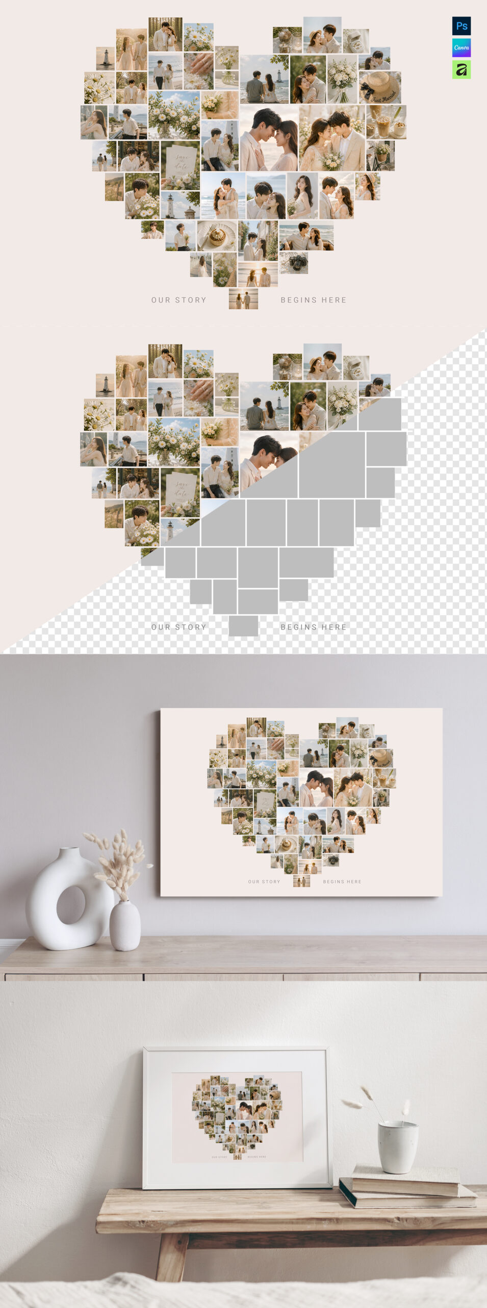Love Heart Photo Collage Template in AF, Canva and PSD
