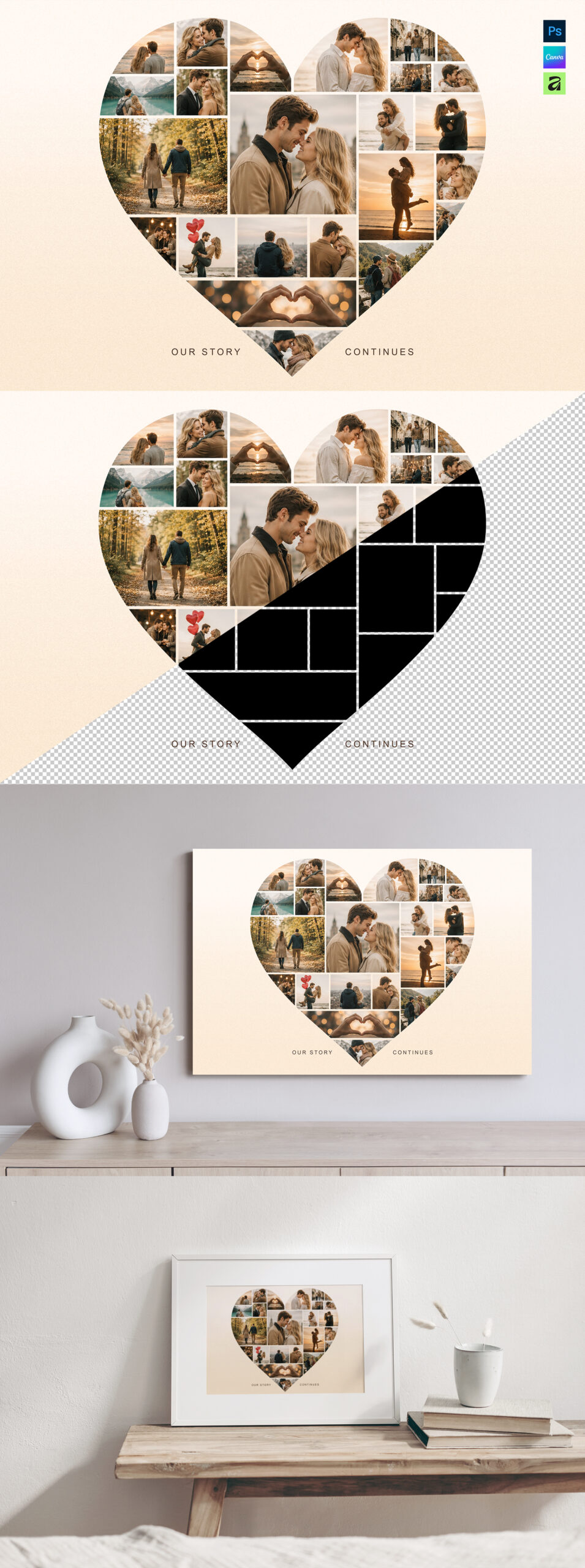 Love Heart Photo Collage Template in AF, Canva and PSD