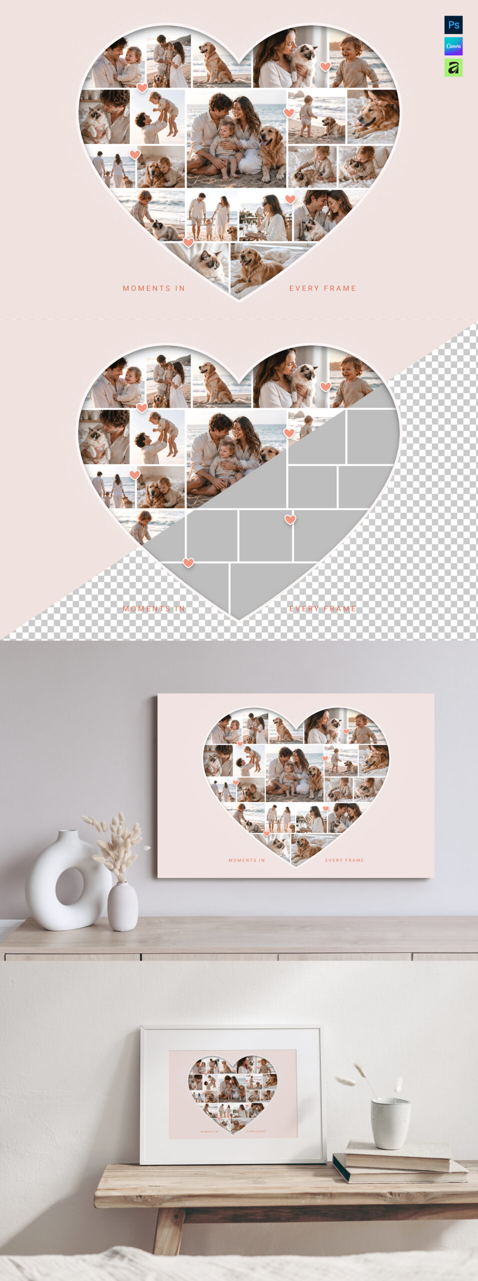 Love Heart Photo Collage Template in AF, Canva and PSD